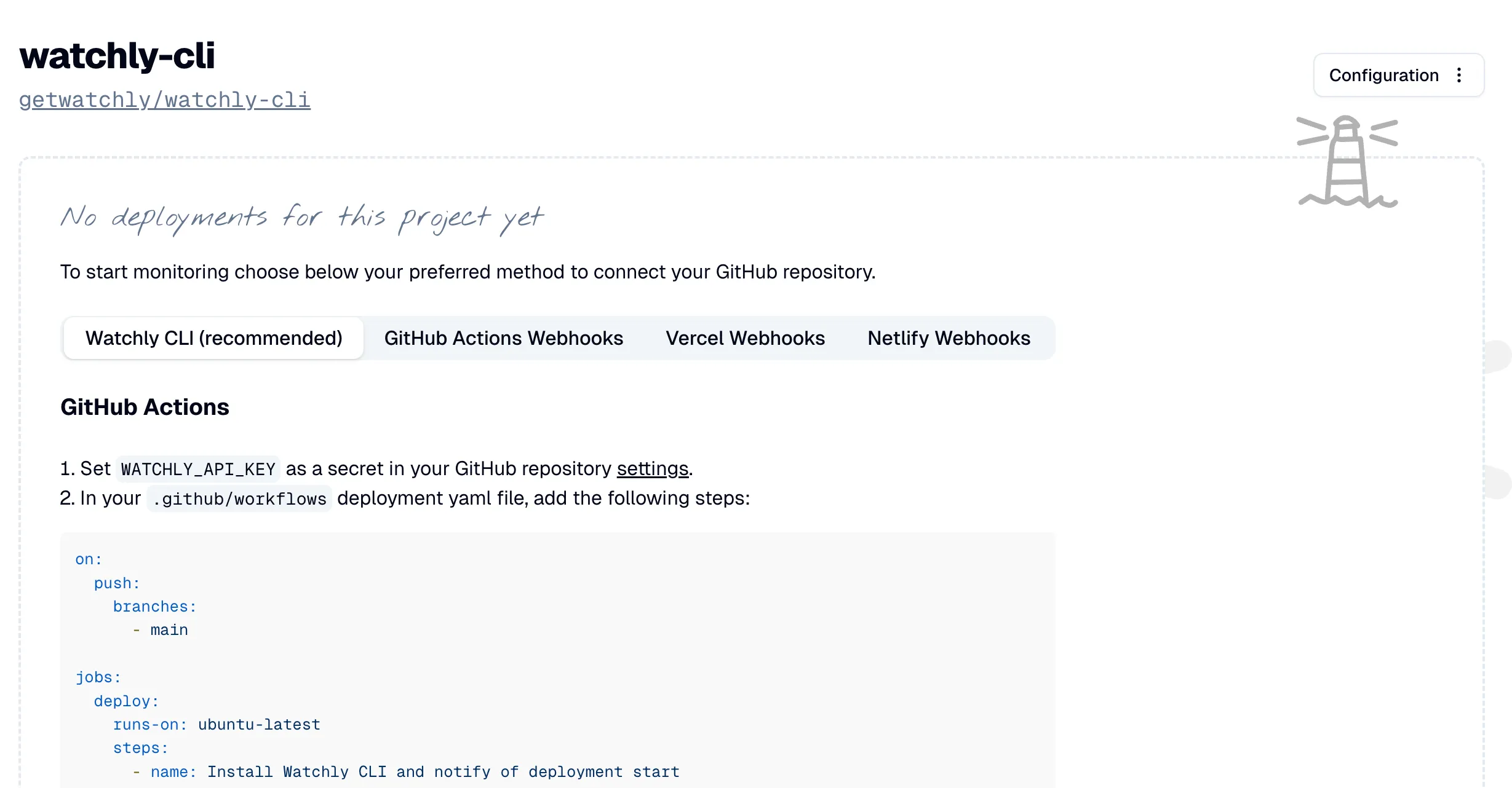 Watchly new project inline instructions to connect deployments