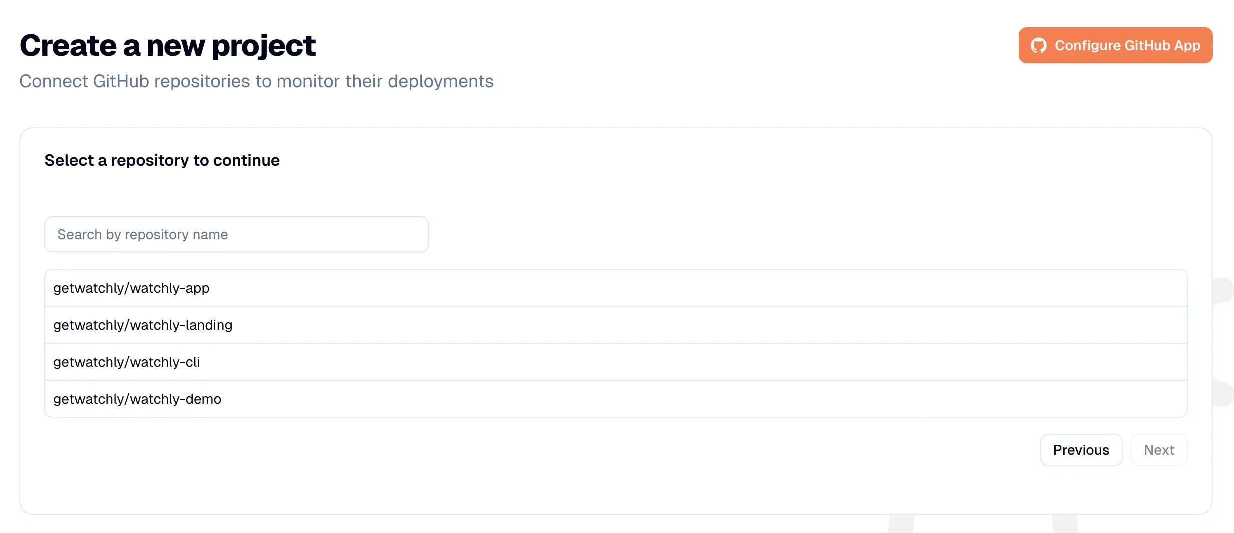 Watchly new project view to connect a GitHub repository