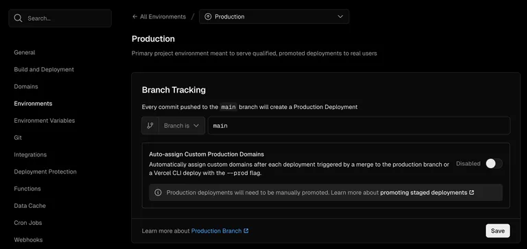 Disable auto-assign custom production domains in Vercel project settings
