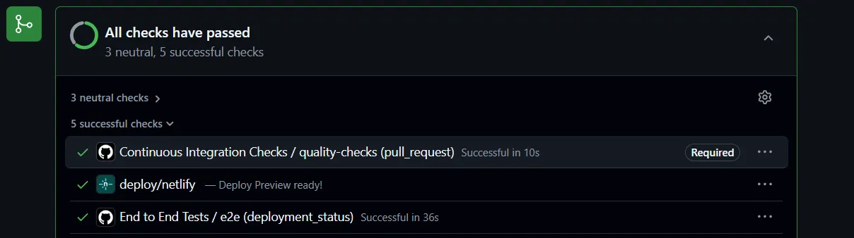 Github UI for a pull request showing successful status checks