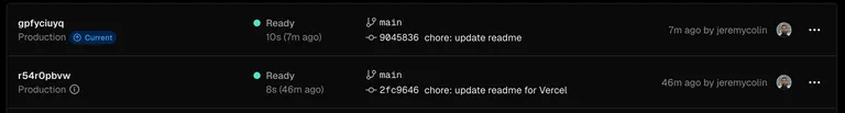 Main branch current deployment in Vercel deployments UI