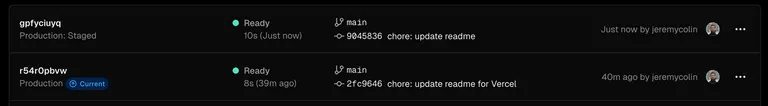 Main branch staged deployment in Vercel deployments UI