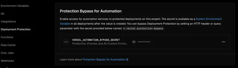 Protection bypass for automation in Vercel project settings