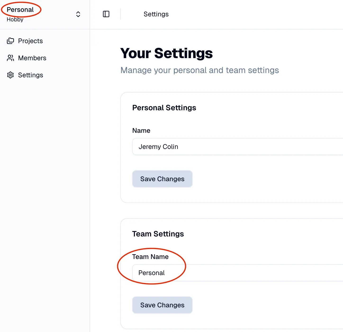 Example screen with team name on the top left and an editable input field where you can change the team name.