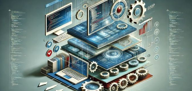 Computer screens stacked to make different tiers with cogs supporting them