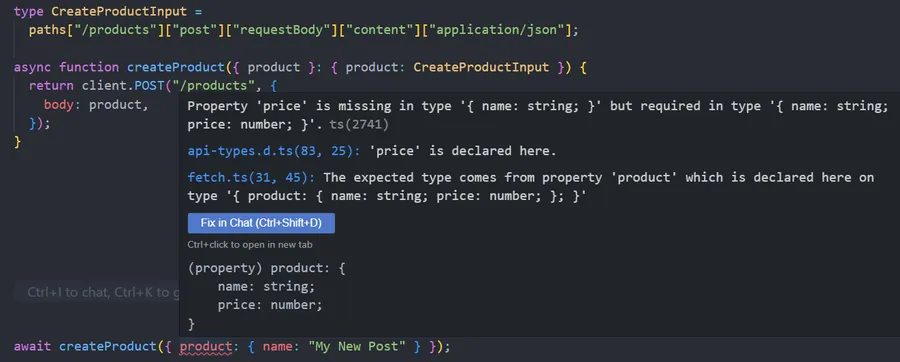 IDE screenshot showing how TypeScript prevent misuing an API thanks to generated types