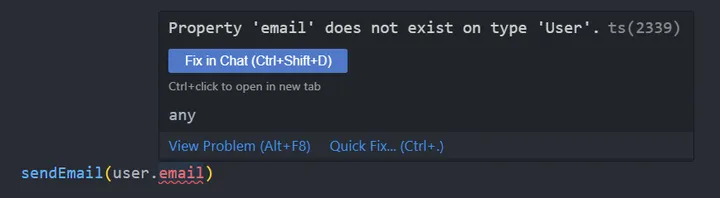 IDE screenshot showing a TypeScript error catching a missing property bug