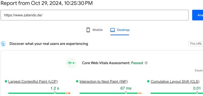 Zalando's core web vitals assessment with LCP 1.2s, INP 67ms and CLS 0.01